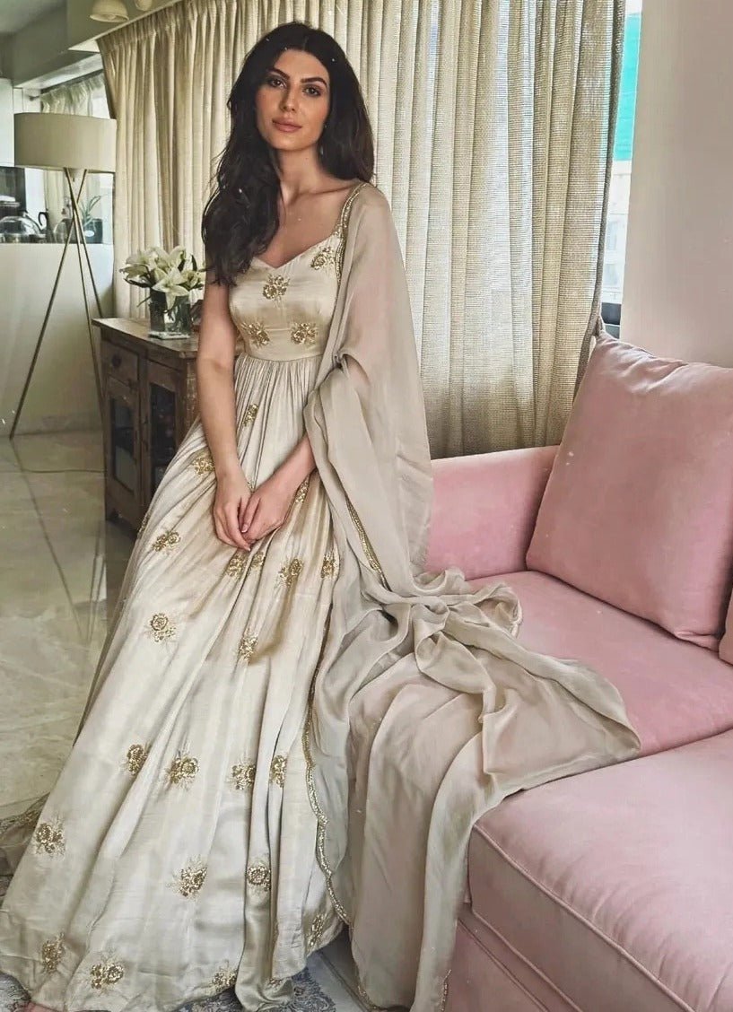 Pakistani Grey Gold Embroidered Raw Satin Anarkali (2-Piece) - Image 1