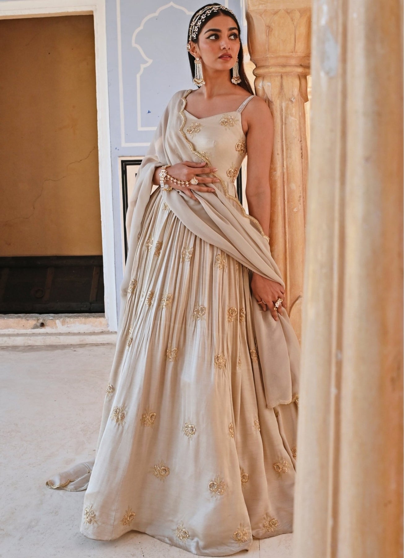 Pakistani Grey Gold Embroidered Raw Satin Anarkali (2-Piece) - Image 2