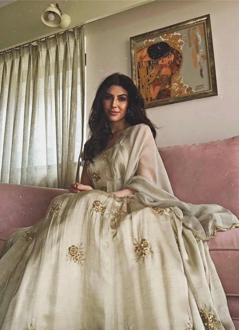 Pakistani Grey Gold Embroidered Raw Satin Anarkali (2-Piece) - Image 3