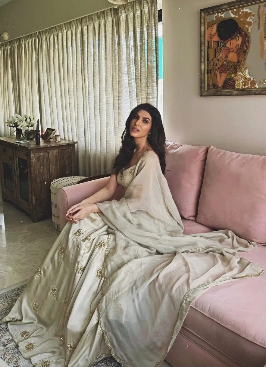 Pakistani Grey Gold Embroidered Raw Satin Anarkali (2-Piece) - Image 4