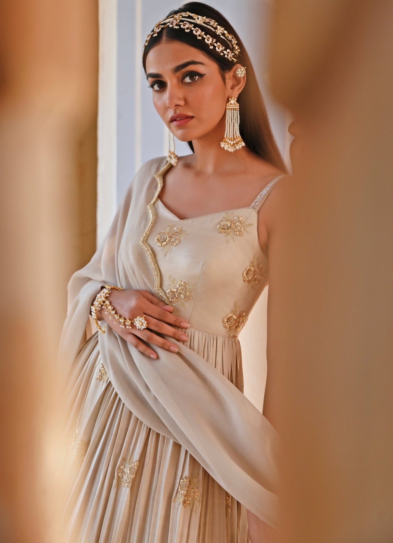 Pakistani Grey Gold Embroidered Raw Satin Anarkali (2-Piece) - Image 5