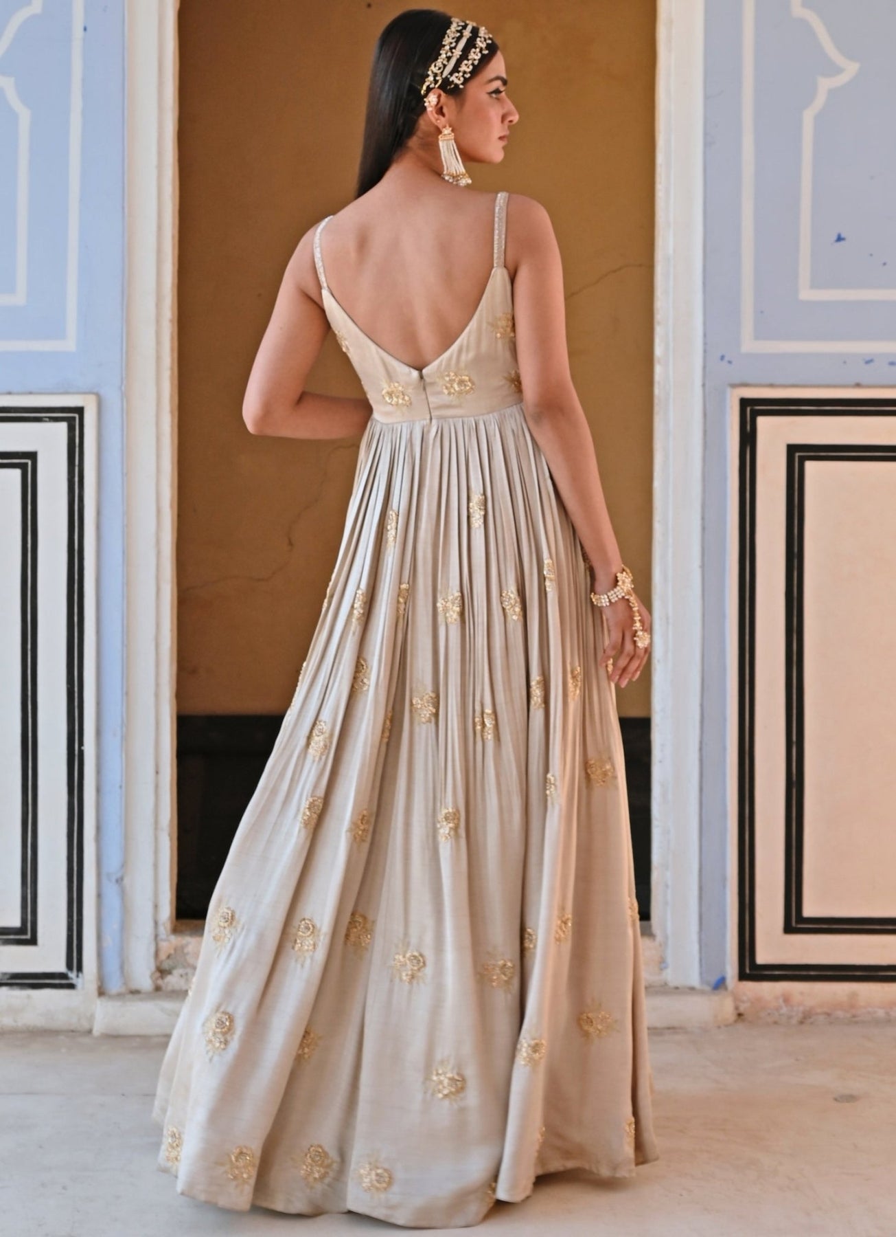 Pakistani Grey Gold Embroidered Raw Satin Anarkali (2-Piece) - Image 7