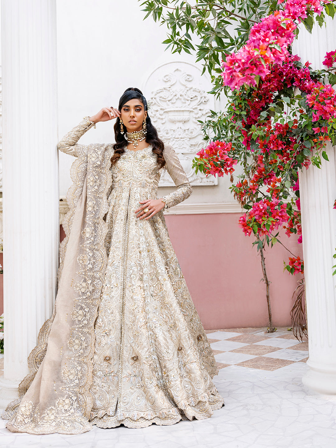 Champagne Embellished Silk-Blend Anarkali Gown (2-Piece) - Image 1