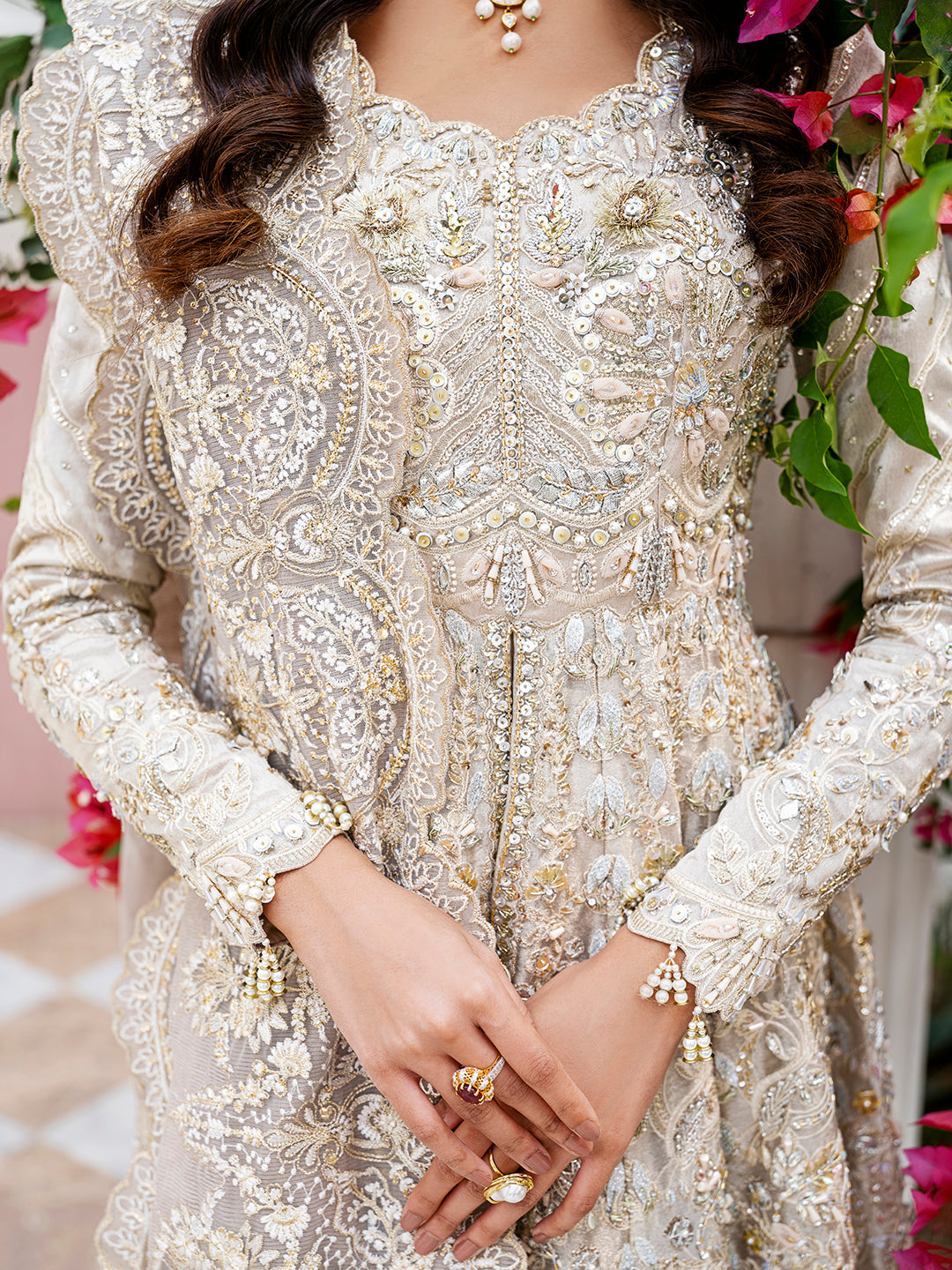 Champagne Embellished Silk-Blend Anarkali Gown (2-Piece) - Image 2