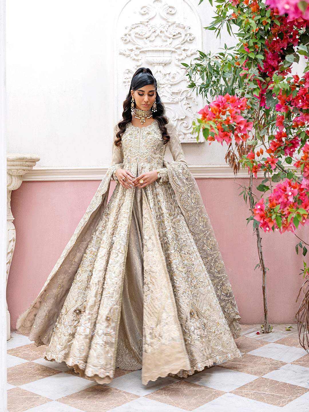 Champagne Embellished Silk-Blend Anarkali Gown (2-Piece) - Image 3