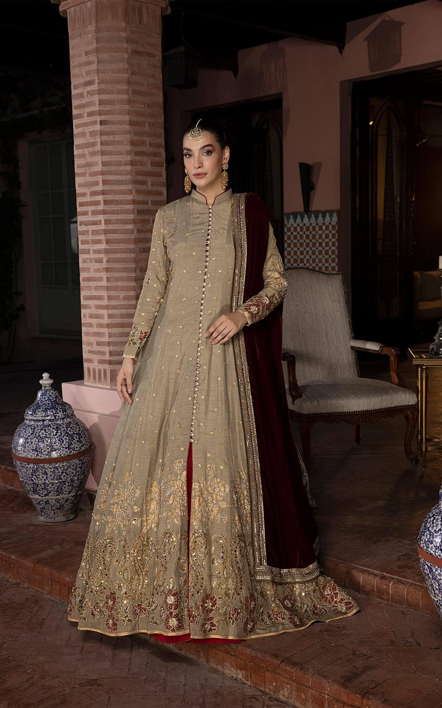 Antique Gold Embroidered Silk Anarkali Dress (2-Piece) - Image 1