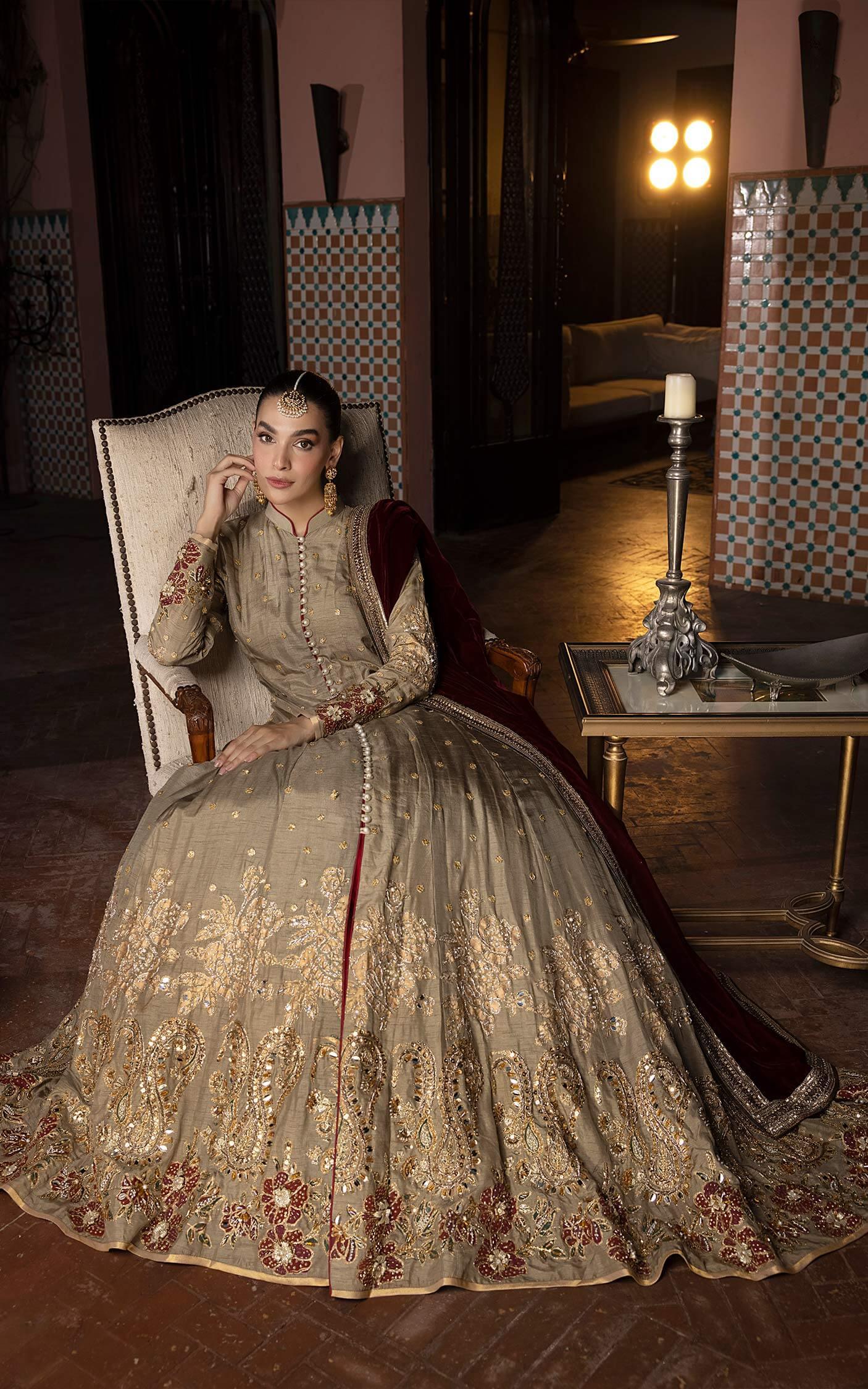 Antique Gold Embroidered Silk Anarkali Dress (2-Piece) - Image 2