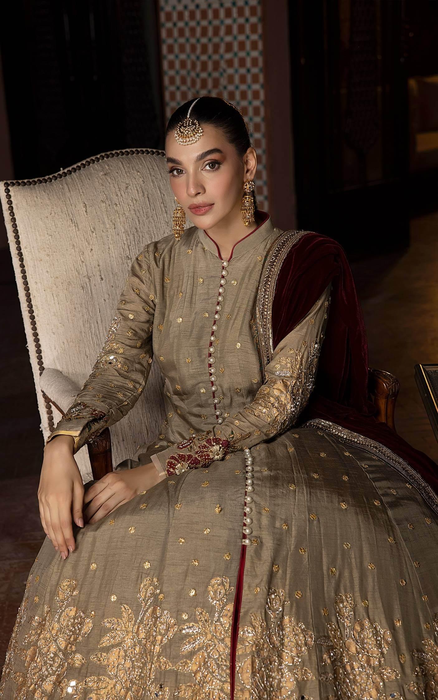 Antique Gold Embroidered Silk Anarkali Dress (2-Piece) - Image 3