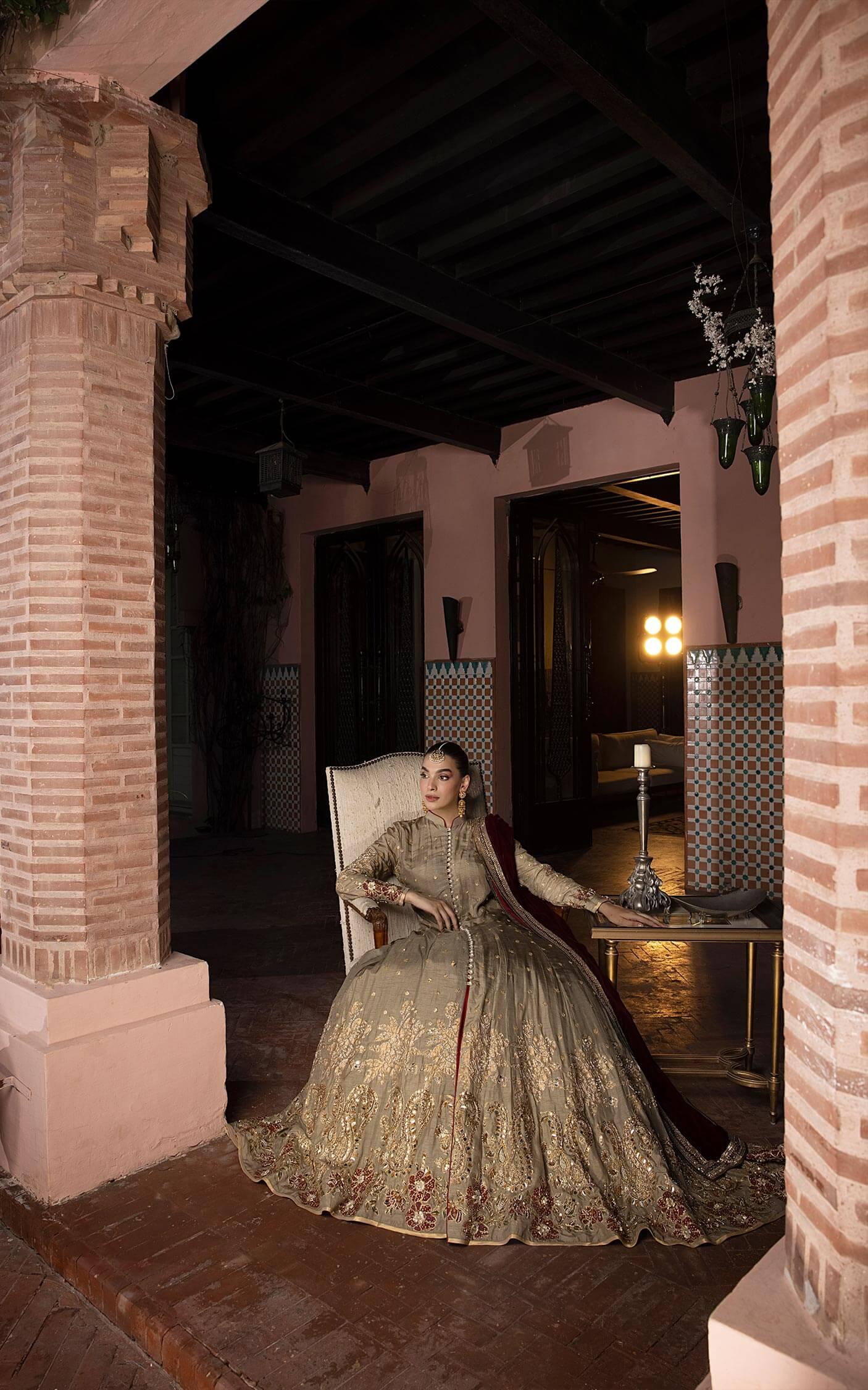 Antique Gold Embroidered Silk Anarkali Dress (2-Piece) - Image 4