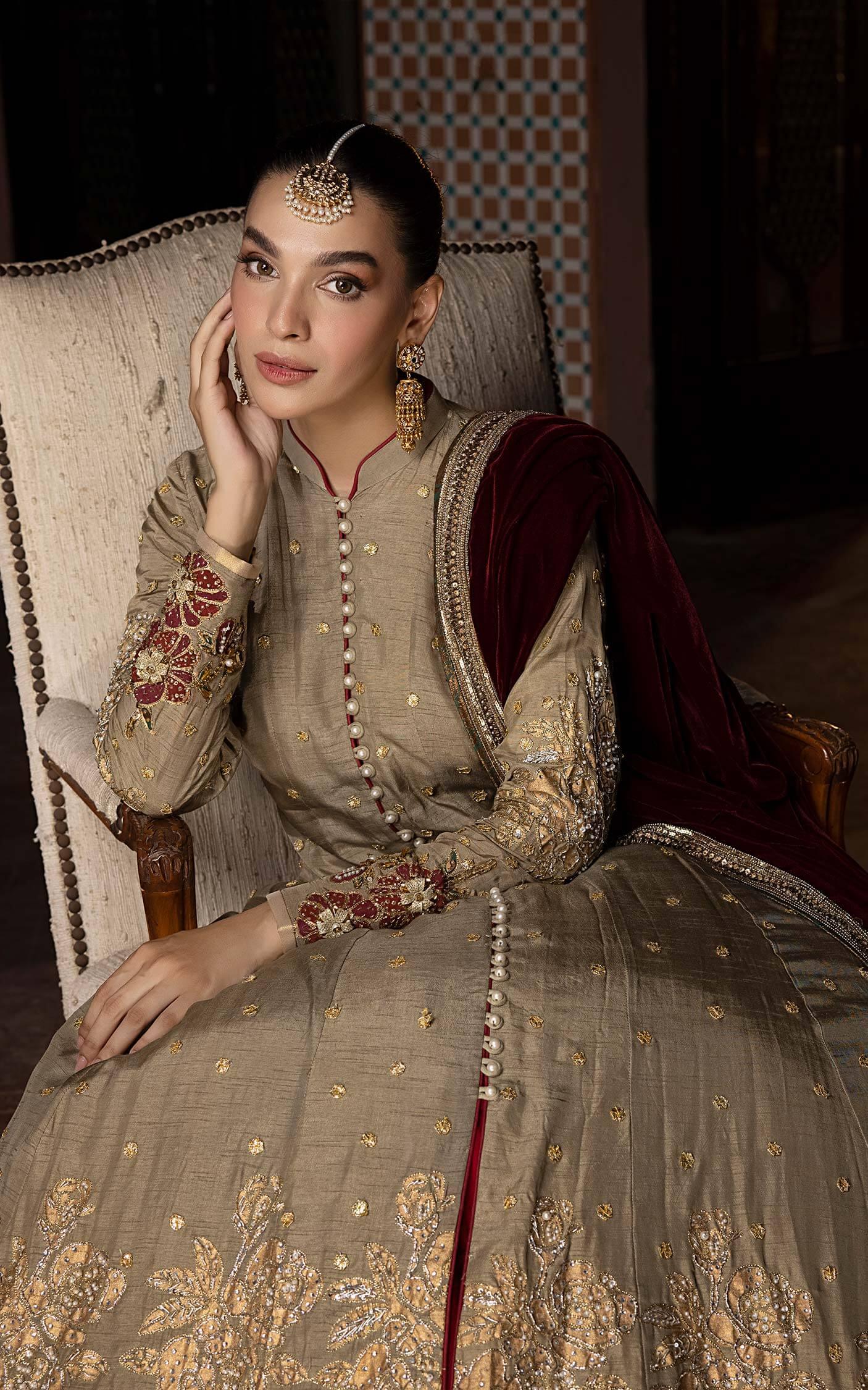 Antique Gold Embroidered Silk Anarkali Dress (2-Piece) - Image 5