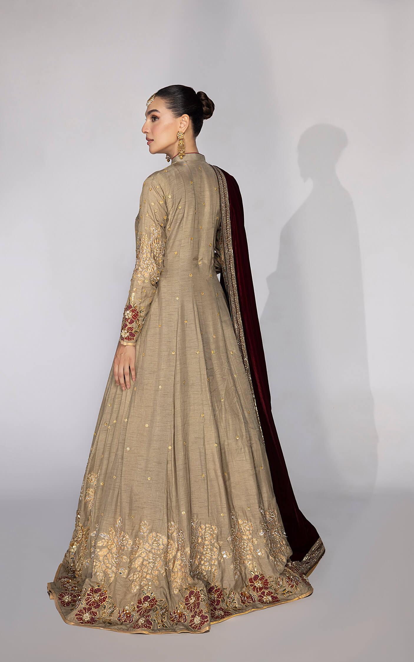 Antique Gold Embroidered Silk Anarkali Dress (2-Piece) - Image 7
