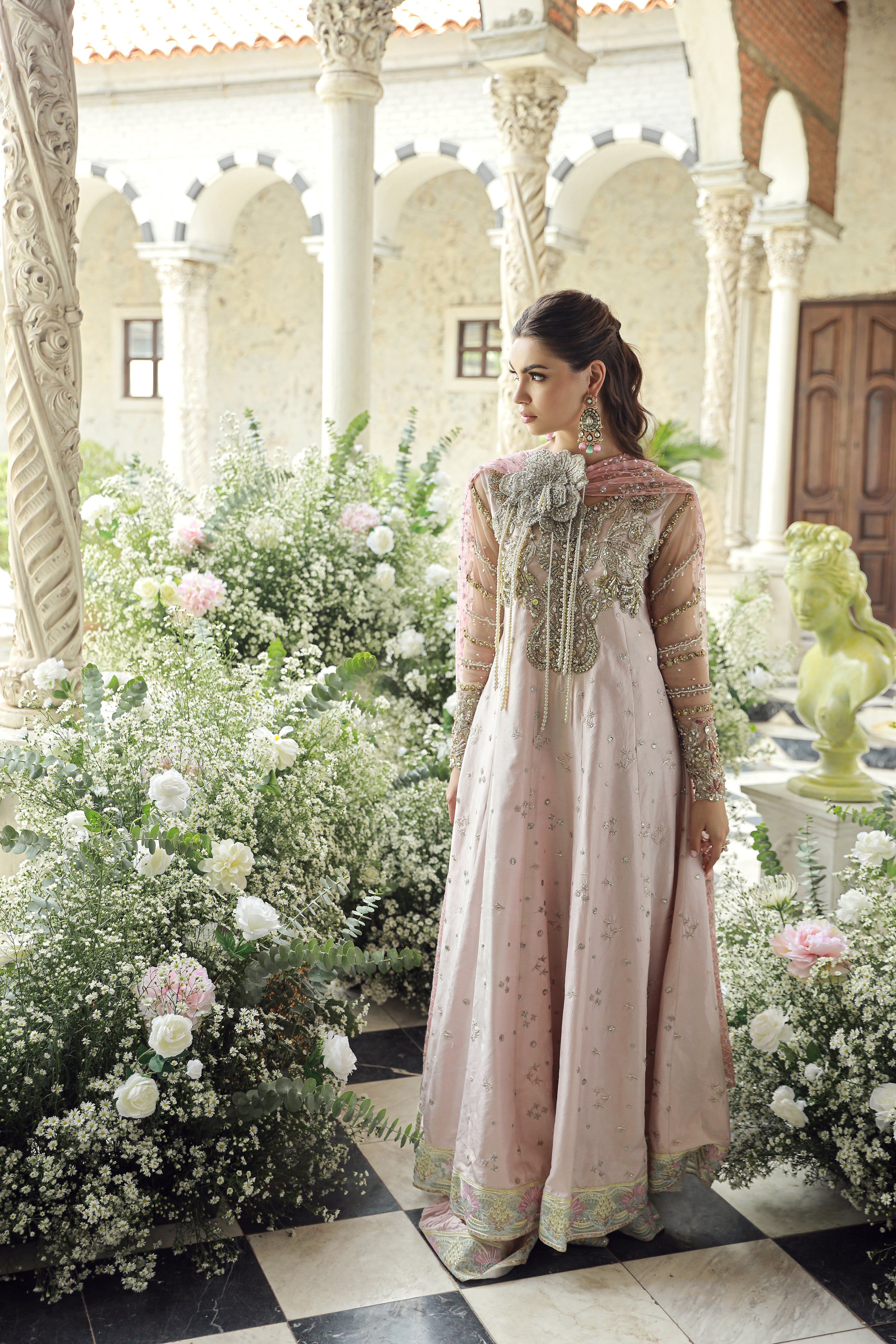 Rose Gold Embroidered Net Silk Anarkali Dress (3-Piece) - Image 1