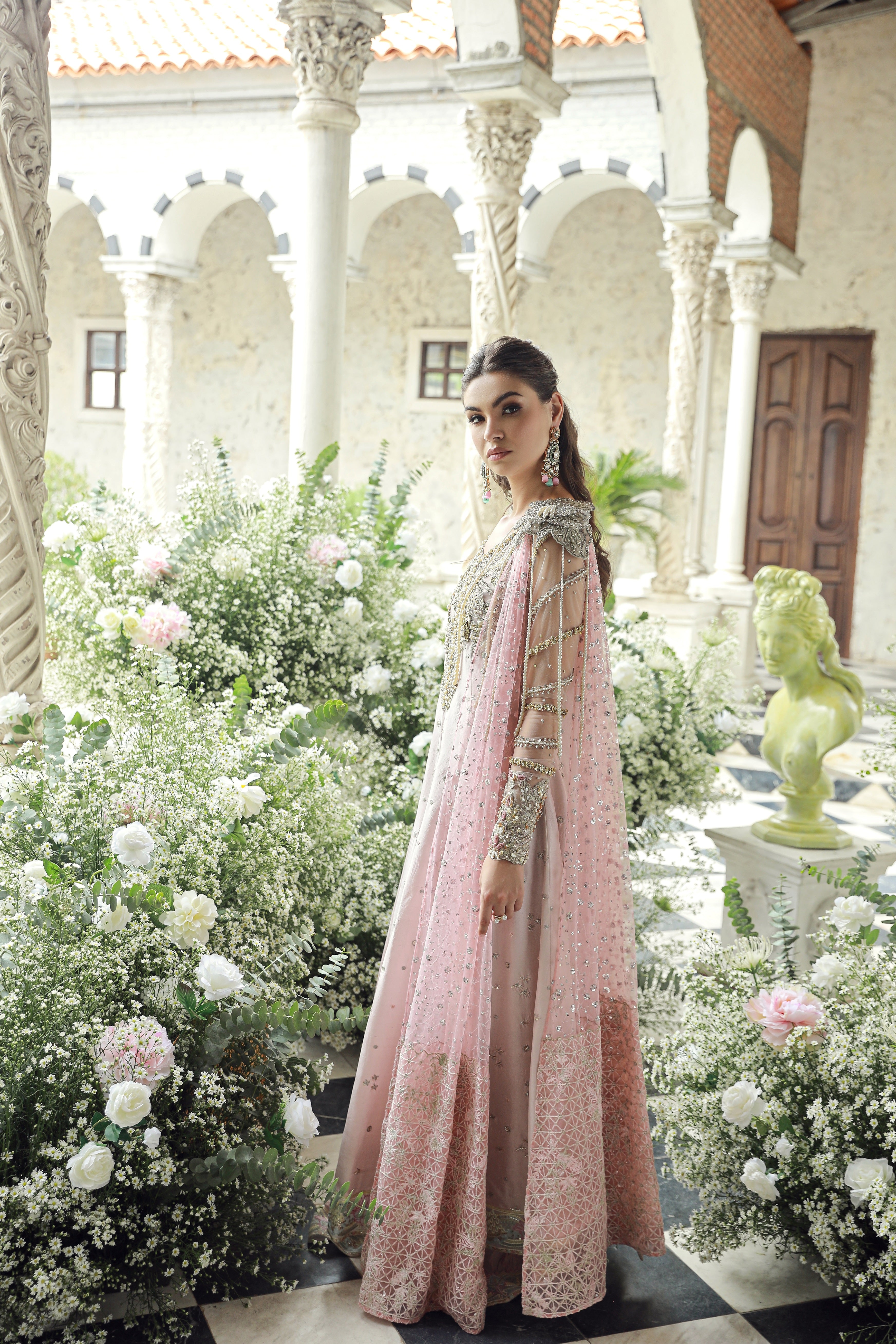 Rose Gold Embroidered Net Silk Anarkali Dress (3-Piece) - Image 2