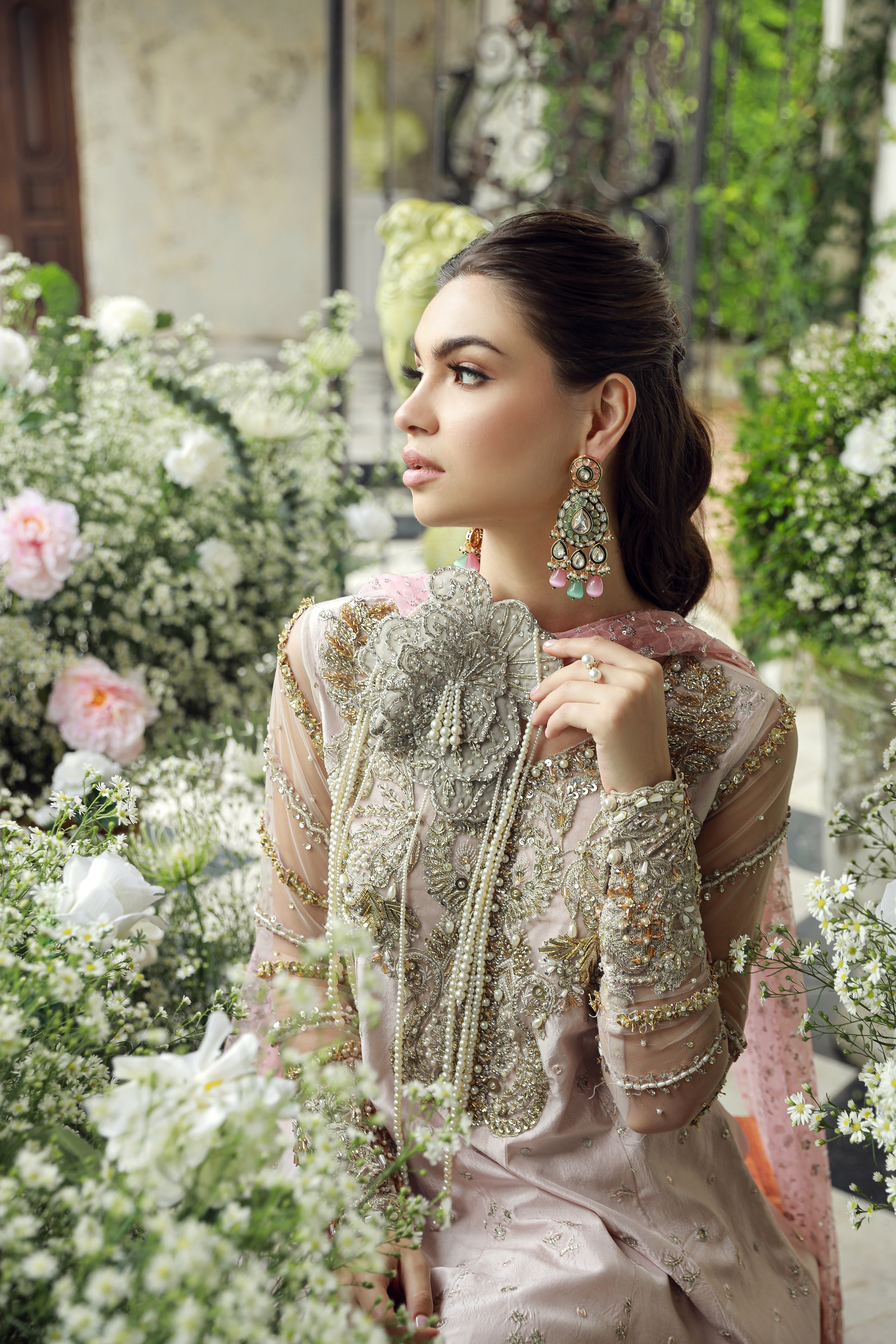 Rose Gold Embroidered Net Silk Anarkali Dress (3-Piece) - Image 3