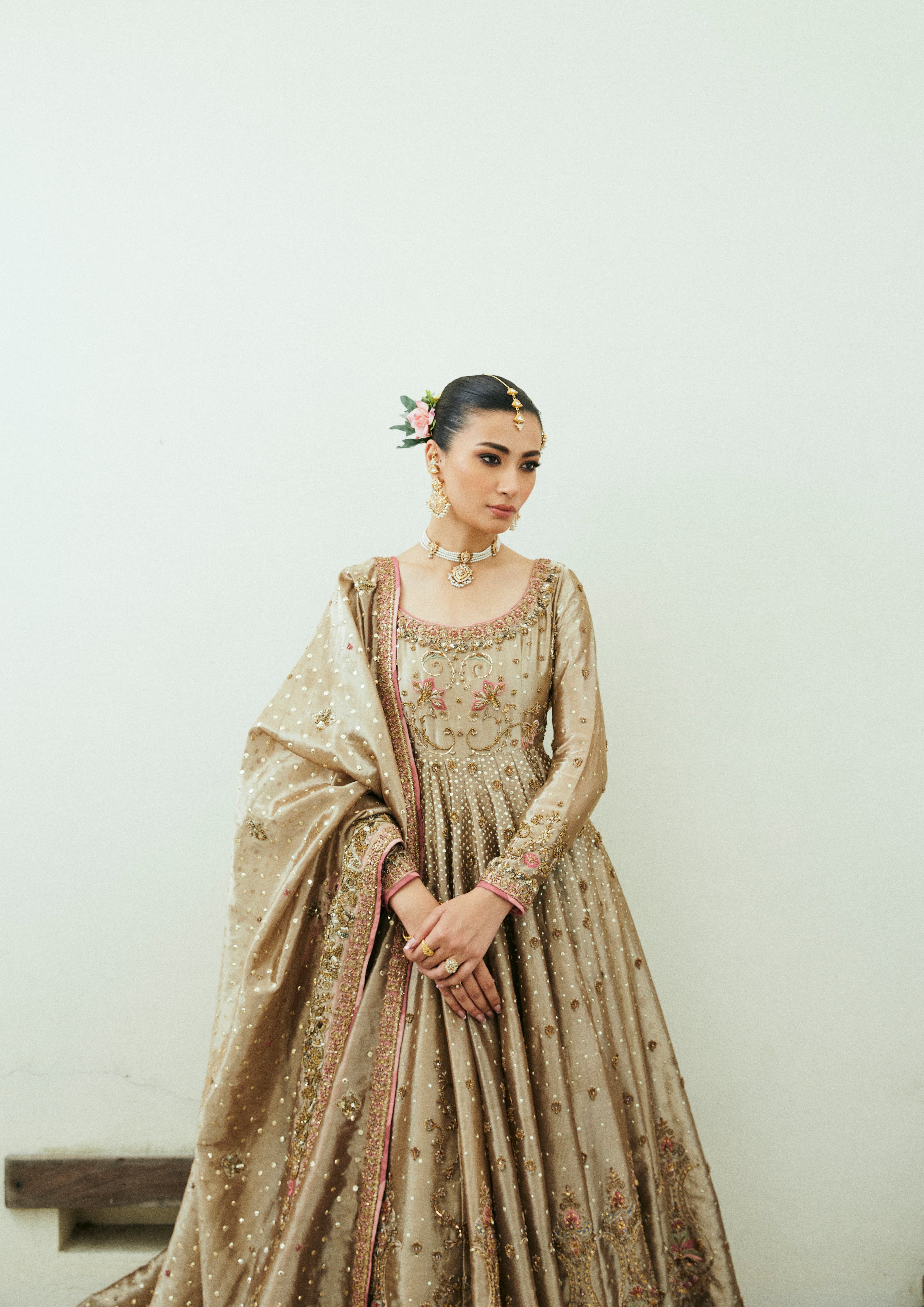 Pakistani Gold Embroidered Tissue Bridal Anarkali Dress (2-Piece) - Image 1