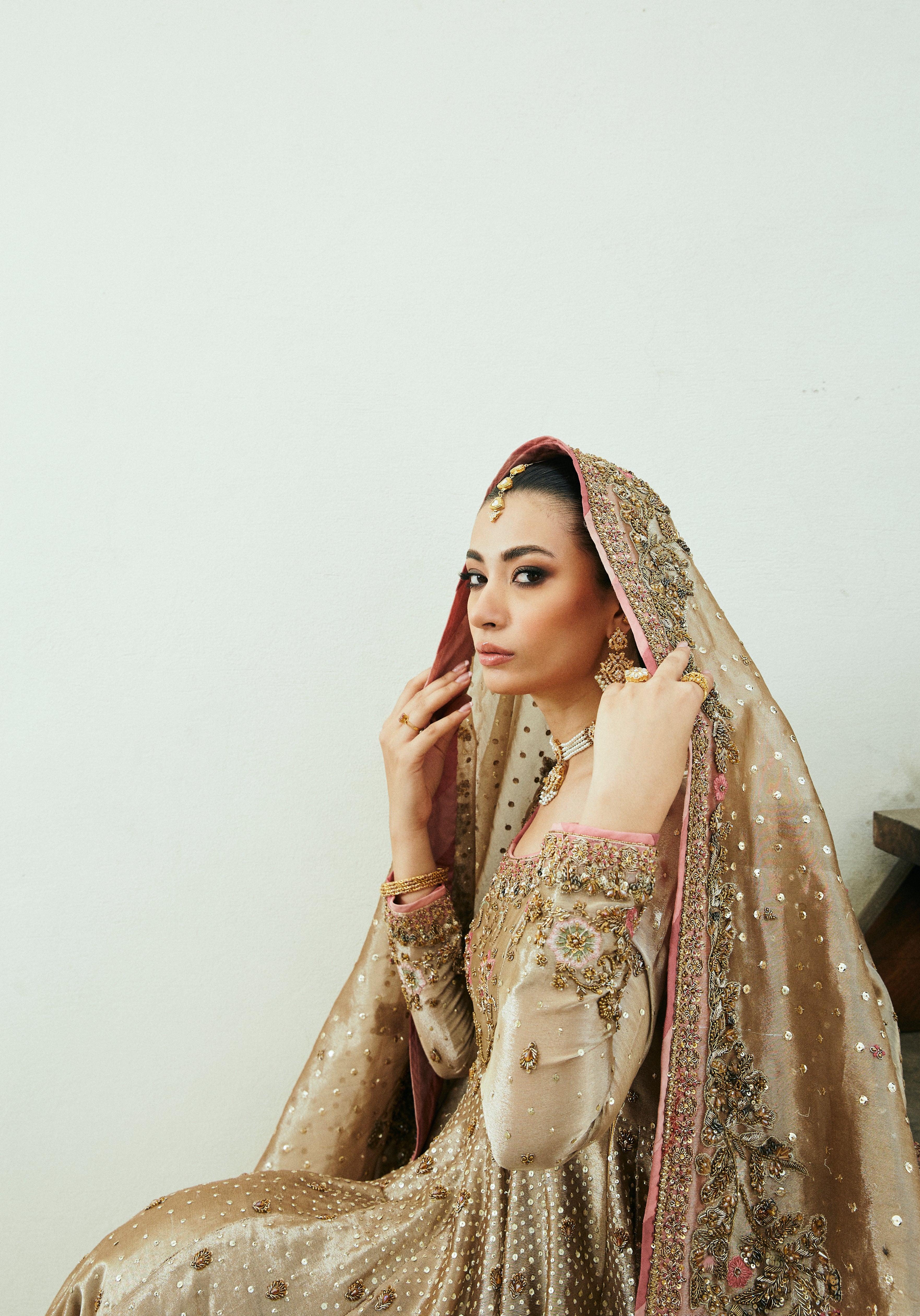 Pakistani Gold Embroidered Tissue Bridal Anarkali Dress (2-Piece) - Image 6