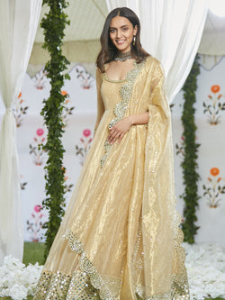 Indian Golden Hand-Embroidered Tissue & Net Anarkali (2-Piece) - Image 1