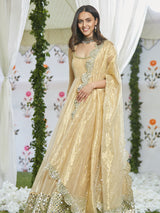 Indian Golden Hand-Embroidered Tissue & Net Anarkali (2-Piece) - Image 2