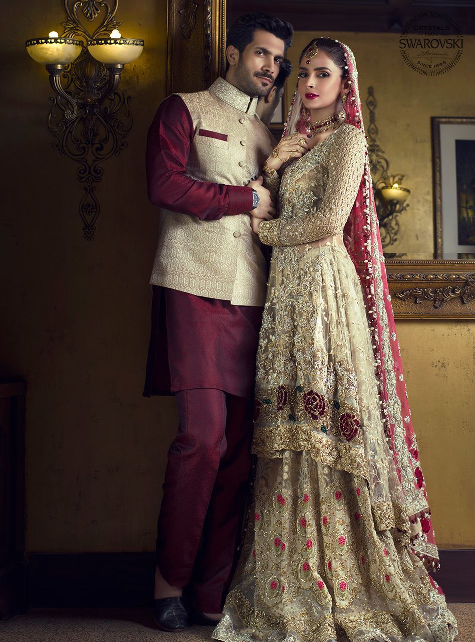 Pakistani Gold Embroidered Net Angarkha Dress (2-Piece) - Image 3