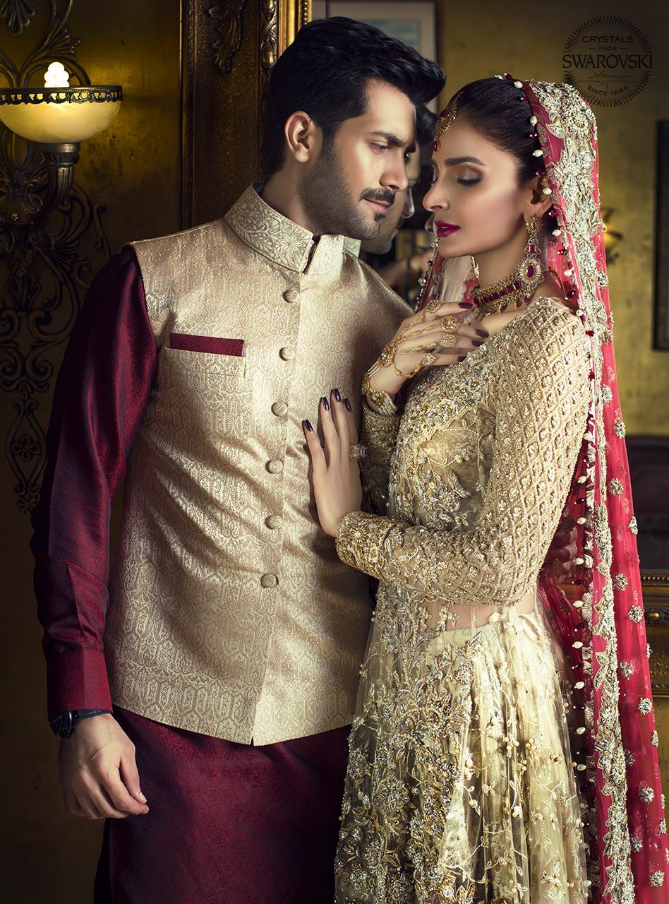 Pakistani Gold Embroidered Net Angarkha Dress (2-Piece) - Image 4