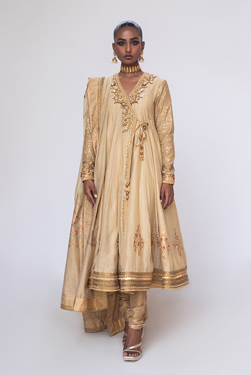 Gold Hand-Embroidered Silk-Blend Angarkha (3-Piece) - Image 1