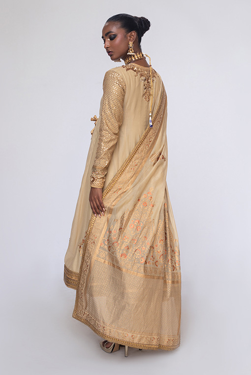 Gold Hand-Embroidered Silk-Blend Angarkha (3-Piece) - Image 2