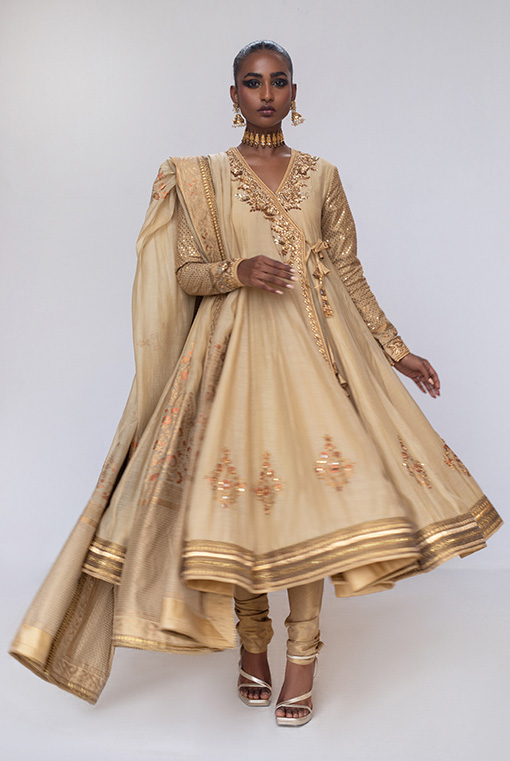 Gold Hand-Embroidered Silk-Blend Angarkha (3-Piece) - Image 3