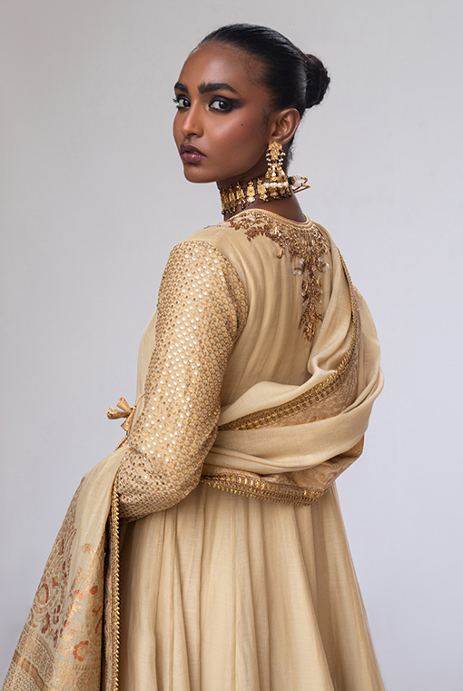 Gold Hand-Embroidered Silk-Blend Angarkha (3-Piece) - Image 4
