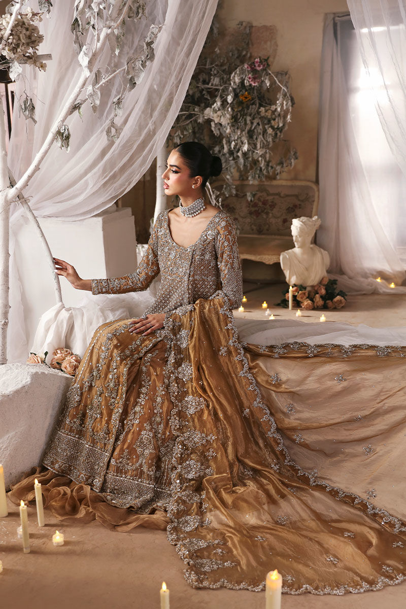 Indian Golden Zardozi Tissue Angarkha Dress (3-Piece) - Image 3