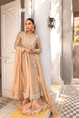 Golden Pearl & Mirror Embroidered Lamé Angharkha (3-Piece) - Image 1