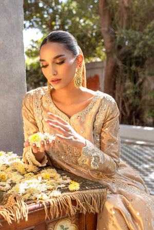 Golden Pearl & Mirror Embroidered Lamé Angharkha (3-Piece) - Image 2