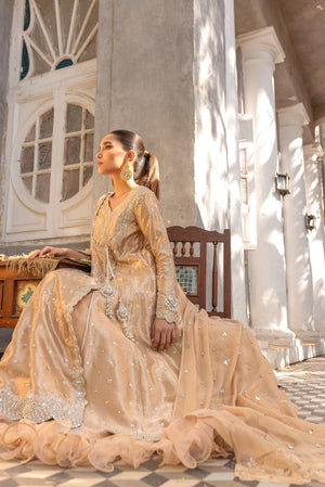 Golden Pearl & Mirror Embroidered Lamé Angharkha (3-Piece) - Image 3