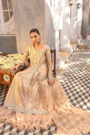 Golden Pearl & Mirror Embroidered Lamé Angharkha (3-Piece) - Image 4
