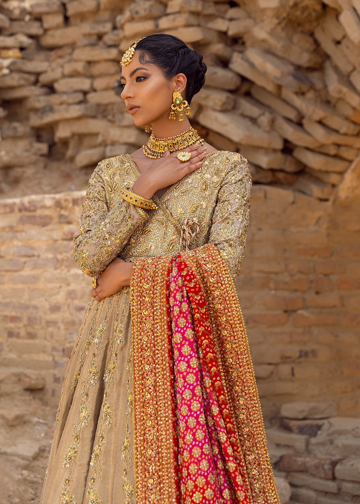 Ivory Gold Zardozi Pure Mesori Angrakha Peshwas (3-Piece) - Image 2