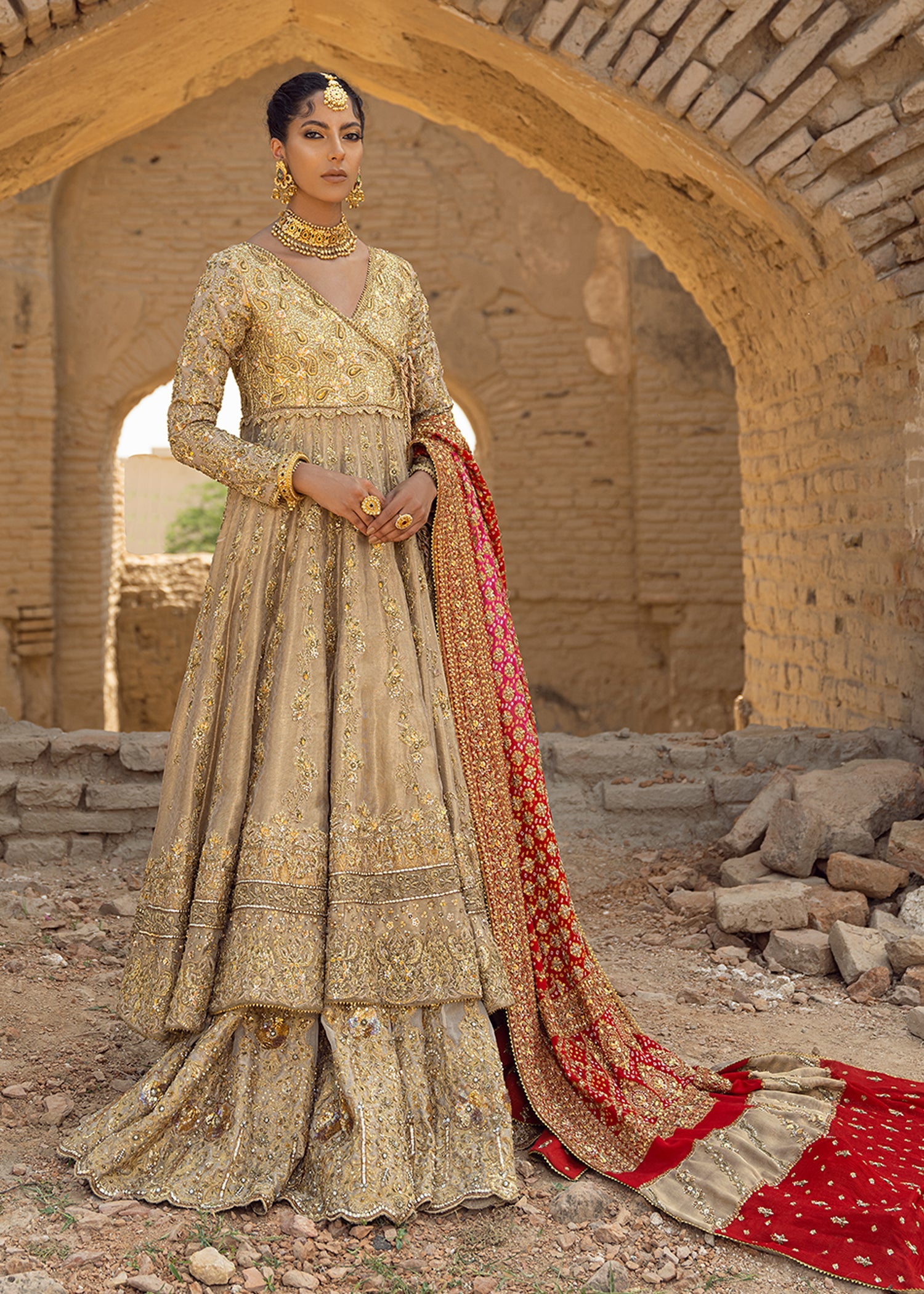 Ivory Gold Zardozi Pure Mesori Angrakha Peshwas (3-Piece) - Image 4