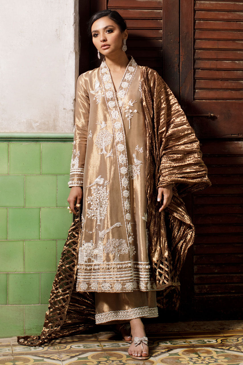 Pakistani Dull Gold 3D Hand-Embroidered Metallic Silk Angrakha (3-Piece) - Image 1