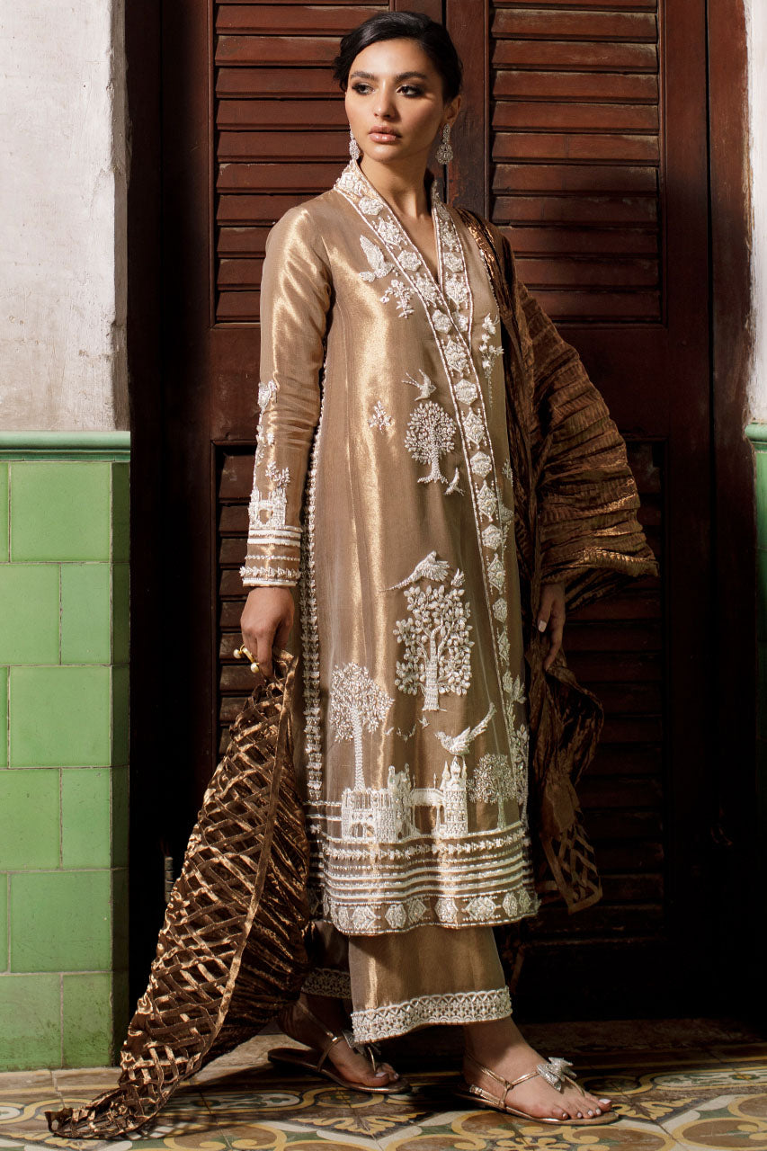 Pakistani Dull Gold 3D Hand-Embroidered Metallic Silk Angrakha (3-Piece) - Image 2