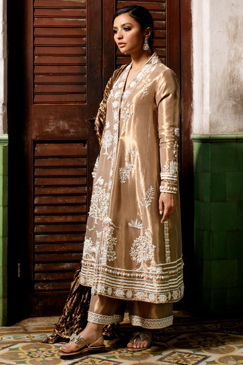 Pakistani Dull Gold 3D Hand-Embroidered Metallic Silk Angrakha (3-Piece) - Image 3