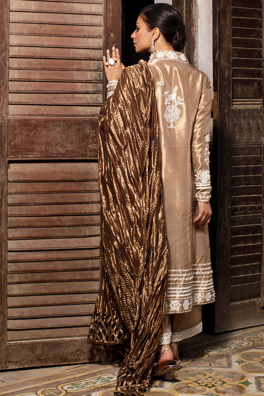 Pakistani Dull Gold 3D Hand-Embroidered Metallic Silk Angrakha (3-Piece) - Image 4