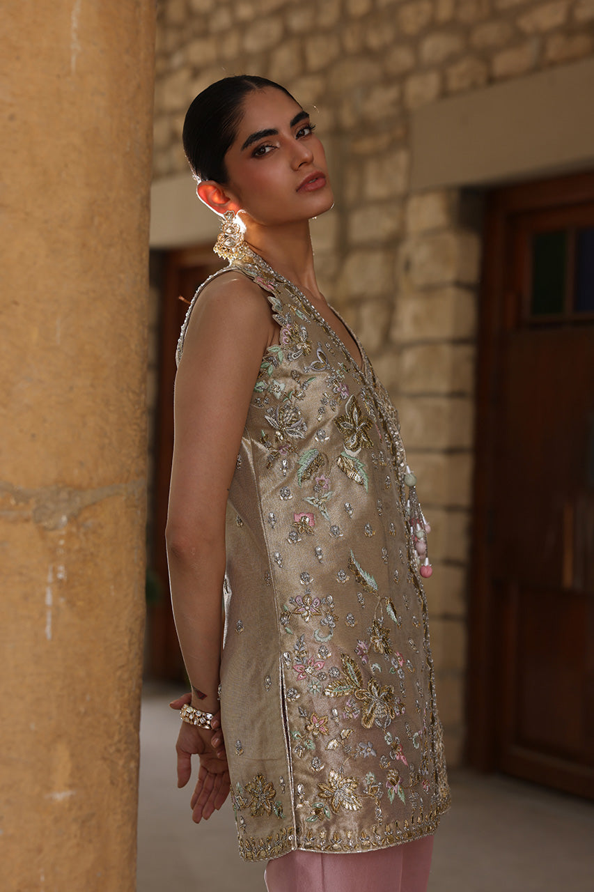 Dull Gold Zardozi Meysuri Angrakha Jacket (2-Piece) - Image 10