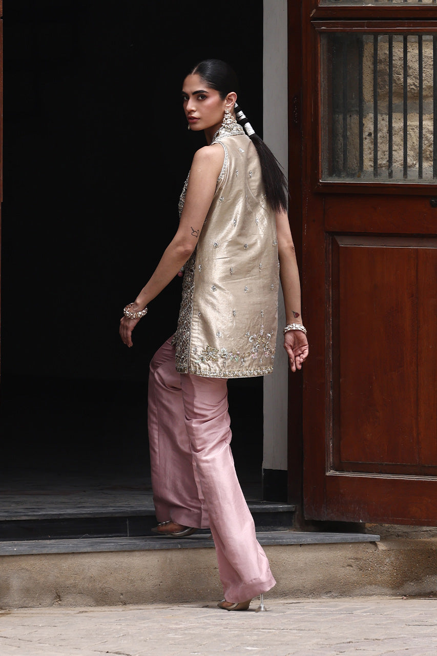 Dull Gold Zardozi Meysuri Angrakha Jacket (2-Piece) - Image 4