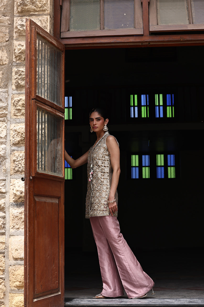 Dull Gold Zardozi Meysuri Angrakha Jacket (2-Piece) - Image 5