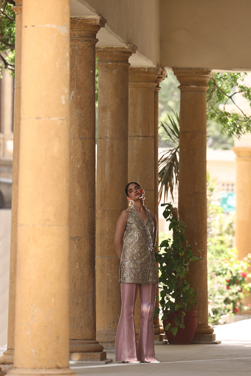 Dull Gold Zardozi Meysuri Angrakha Jacket (2-Piece) - Image 7