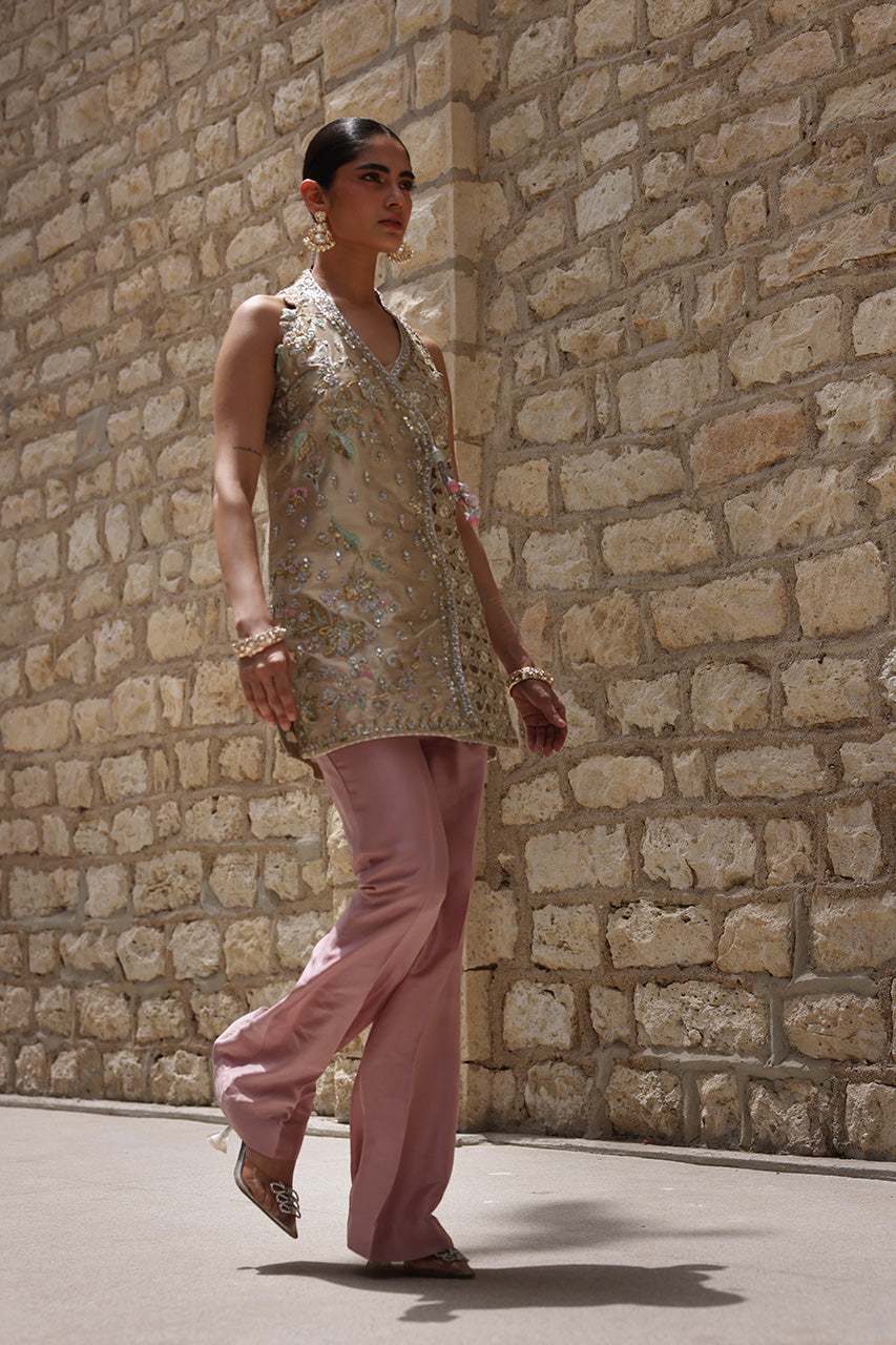 Dull Gold Zardozi Meysuri Angrakha Jacket (2-Piece) - Image 9