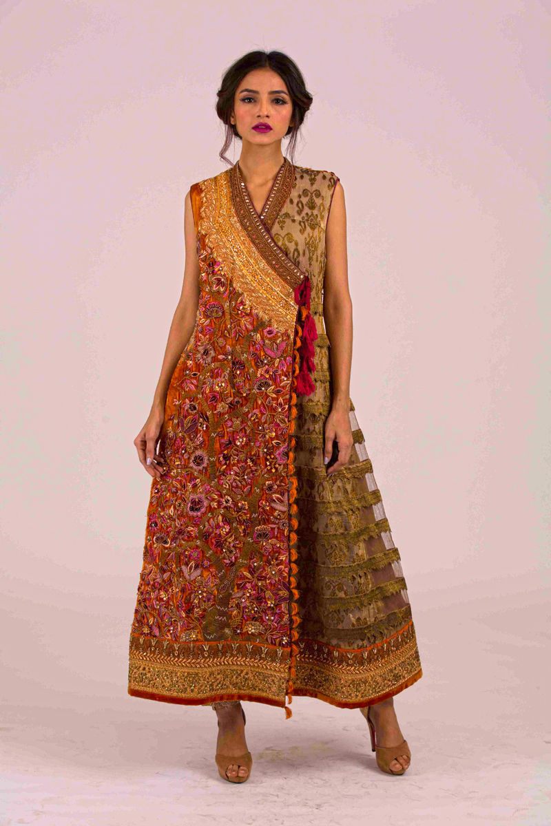 Pakistani Antique Gold Rust Embroidered Net Angrakha Dress (1-Pc) - Image 1