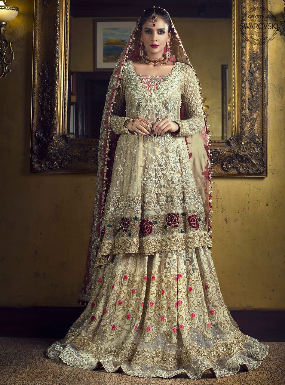 Pakistani Gold Embroidered Net Angrakha Dress (2-Piece) - Image 1