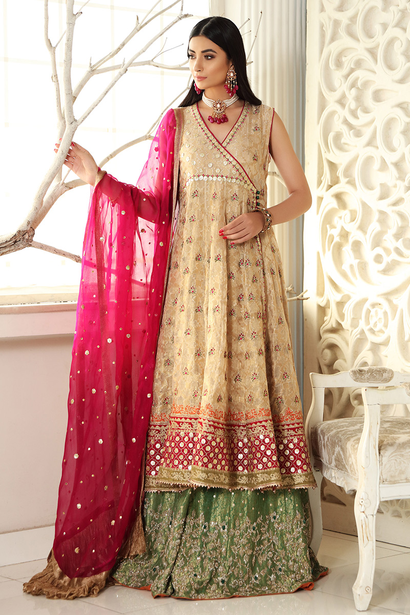 Golden Embroidered Net Angarkha Dress (3-Piece) - Image 1