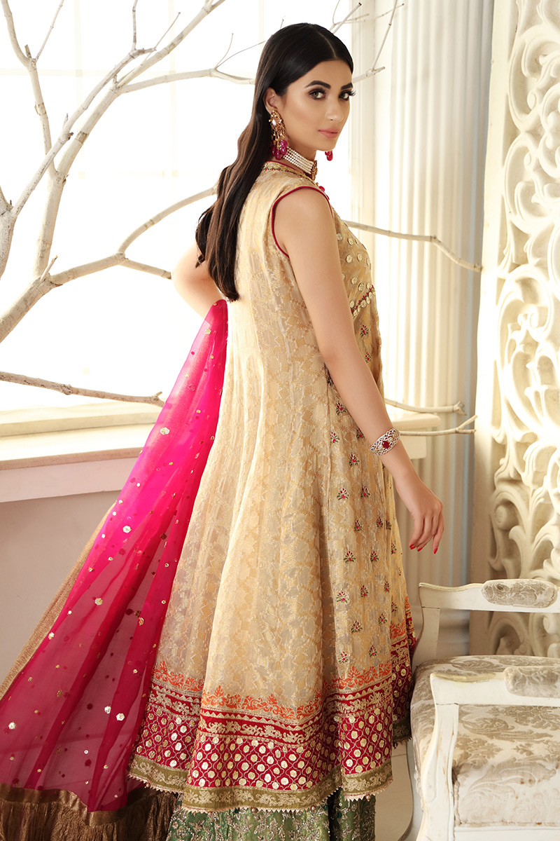 Golden Embroidered Net Angarkha Dress (3-Piece) - Image 3