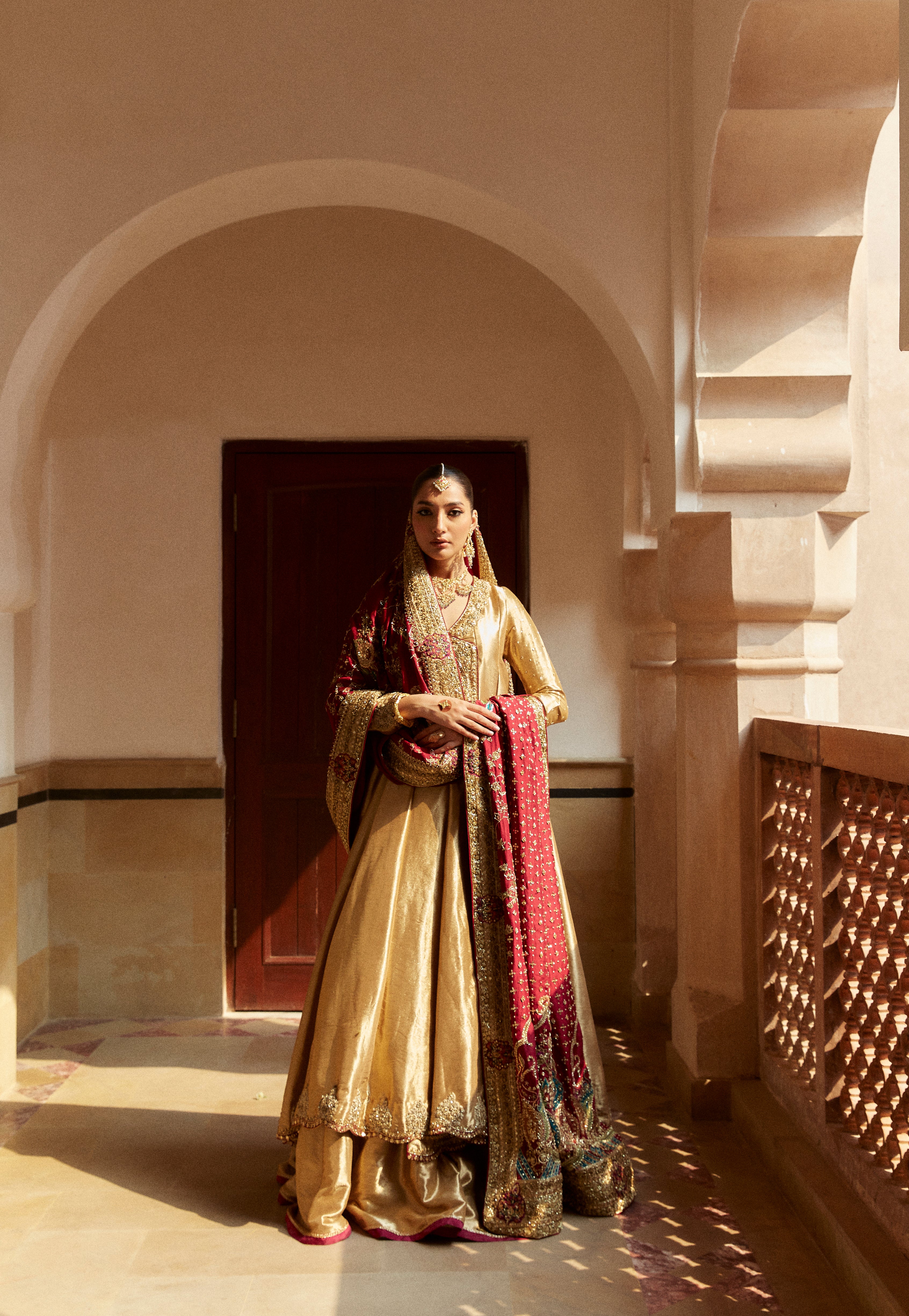 Gold Zardozi Tissue Kalidar Anghrakha (3-Piece) - Image 1