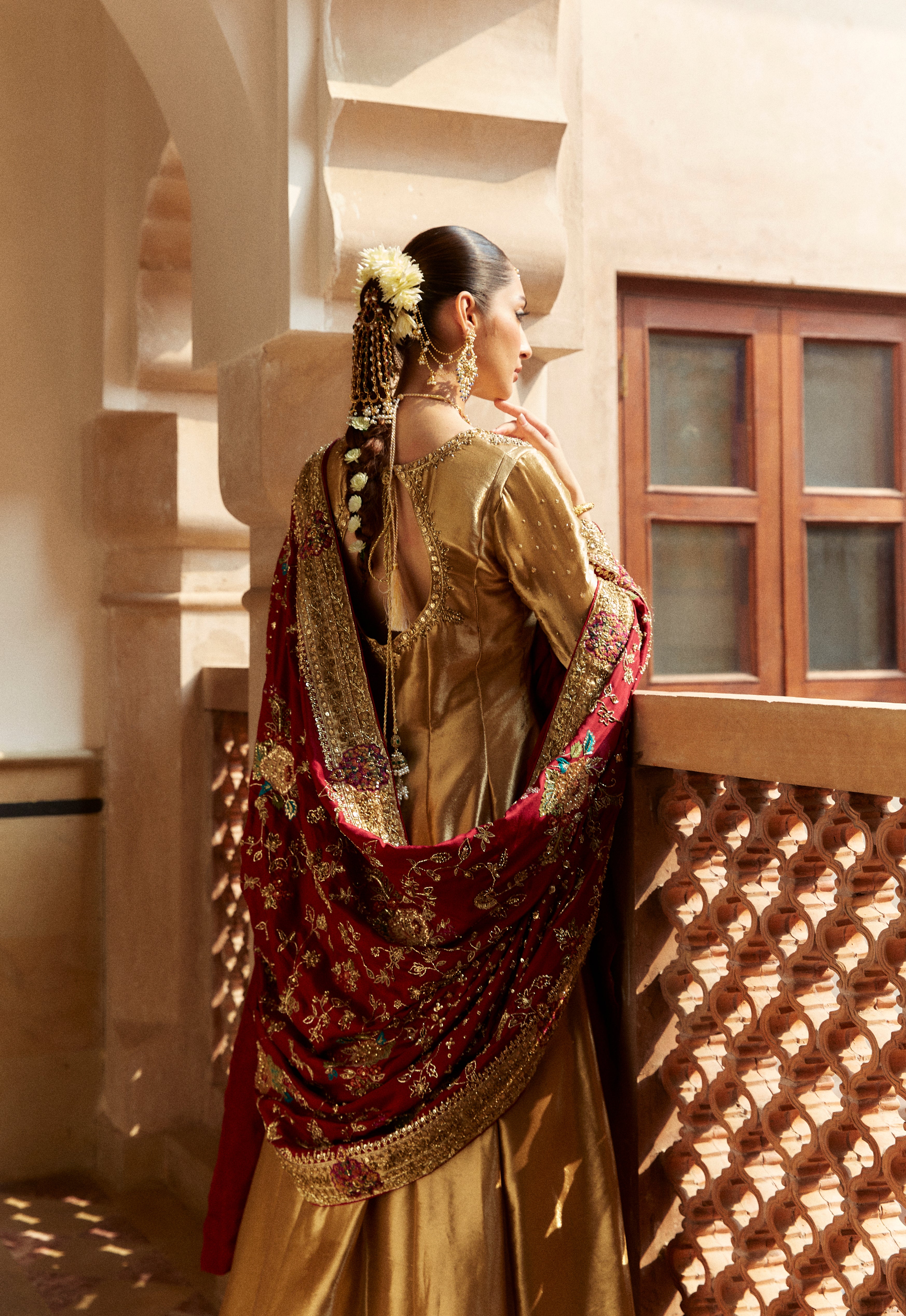 Gold Zardozi Tissue Kalidar Anghrakha (3-Piece) - Image 4